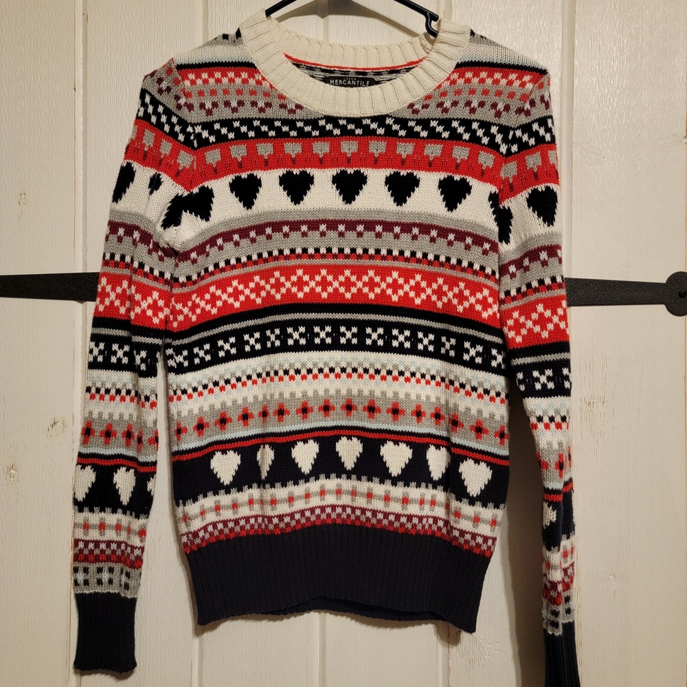 JCrew Mercantile Womens Sweater Festive Heart Pattern Knit Size XXS